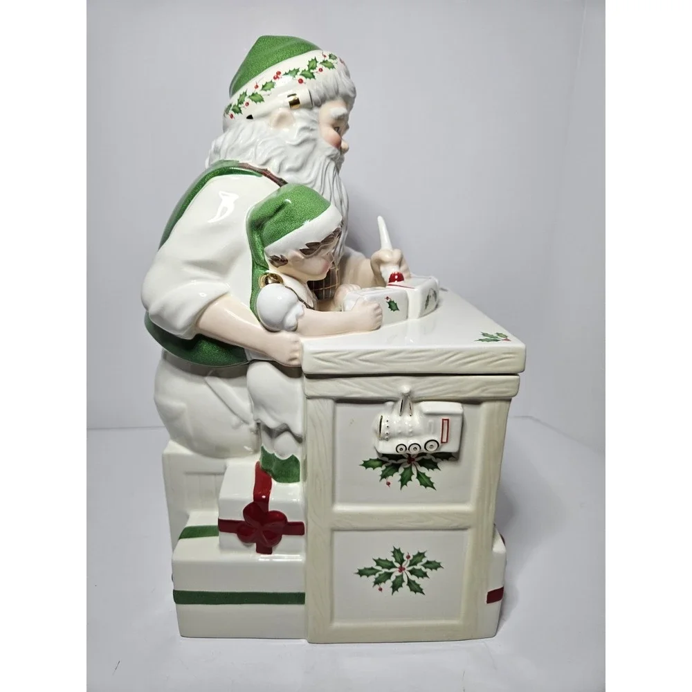 Lenox Santa Workbench Cookie Jar Ceramic Christmas Toy Shop Elf Figurine Gold